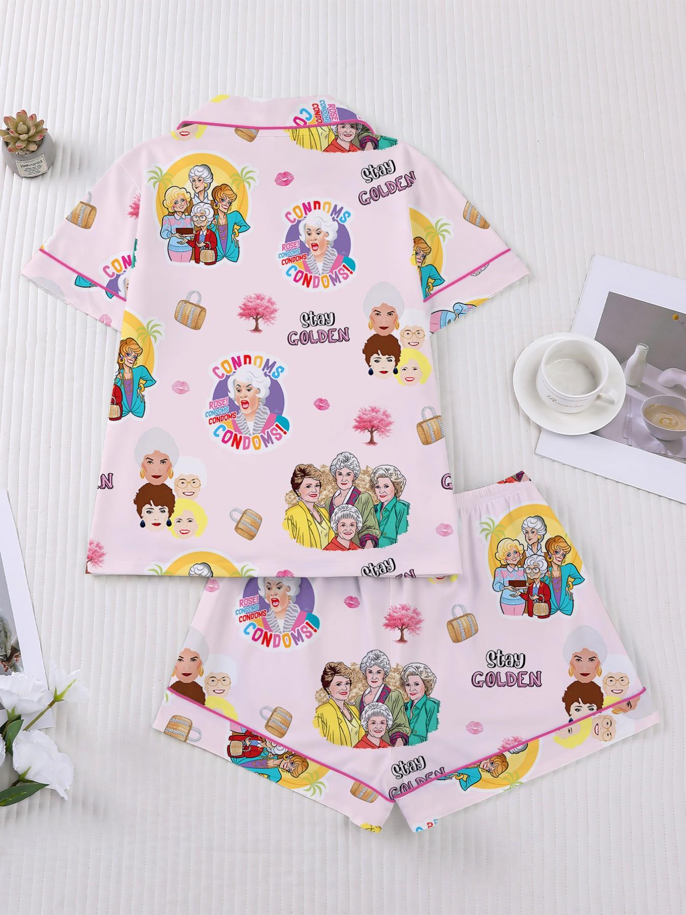 Golden Girl Sleepwear Loungewear Set, Full Print Pajamas Pjs for Women, Lapel Short Sleeve Shorts, Matching Couple & Holiday Home Wear