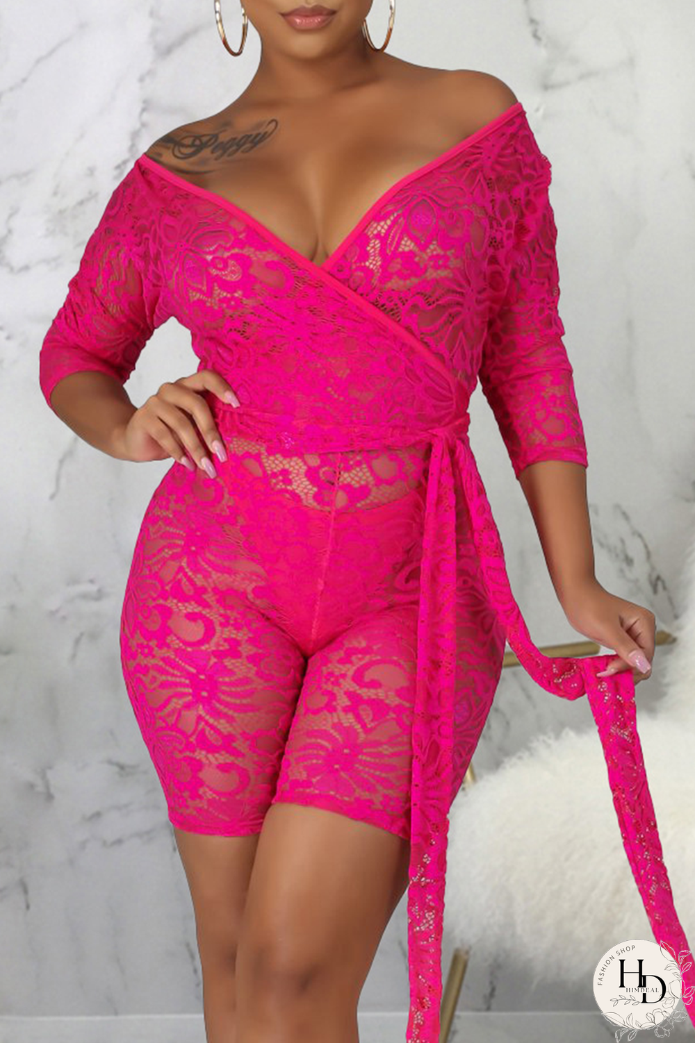 Rose Red Sexy Solid Mesh V Neck Skinny Jumpsuits