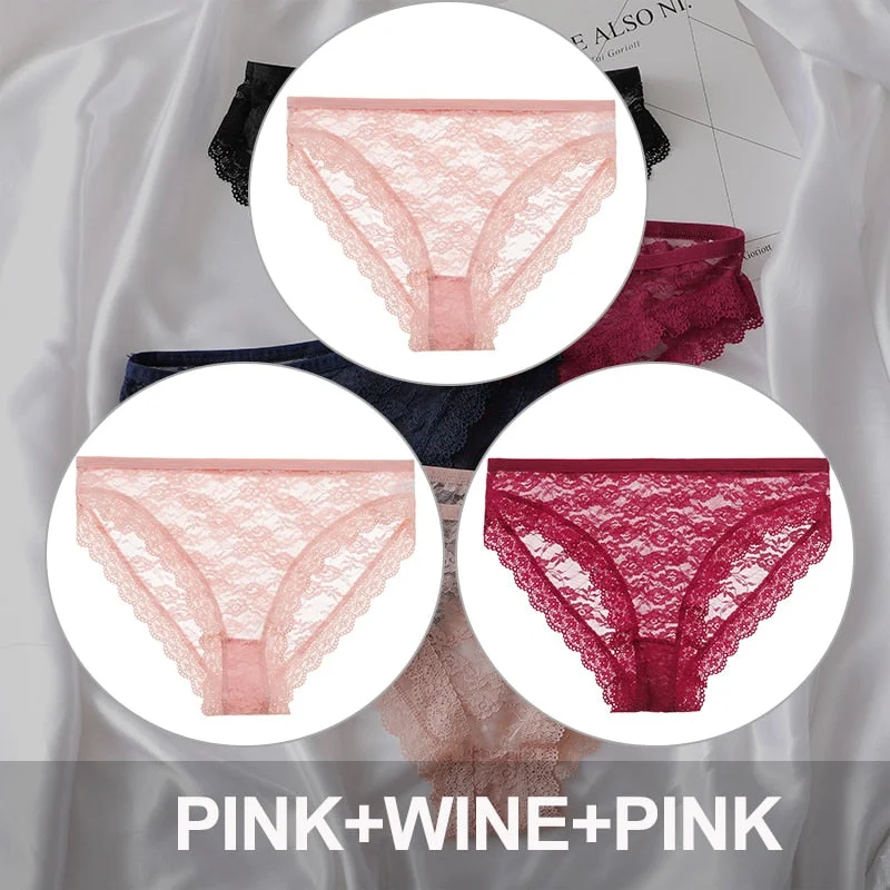 FINETOO 3PCS/Set Floral Lace Sexy Women Lingerie Panties M-2XL Plus Size Underpants Transparent Female Comfortable Briefs Girls