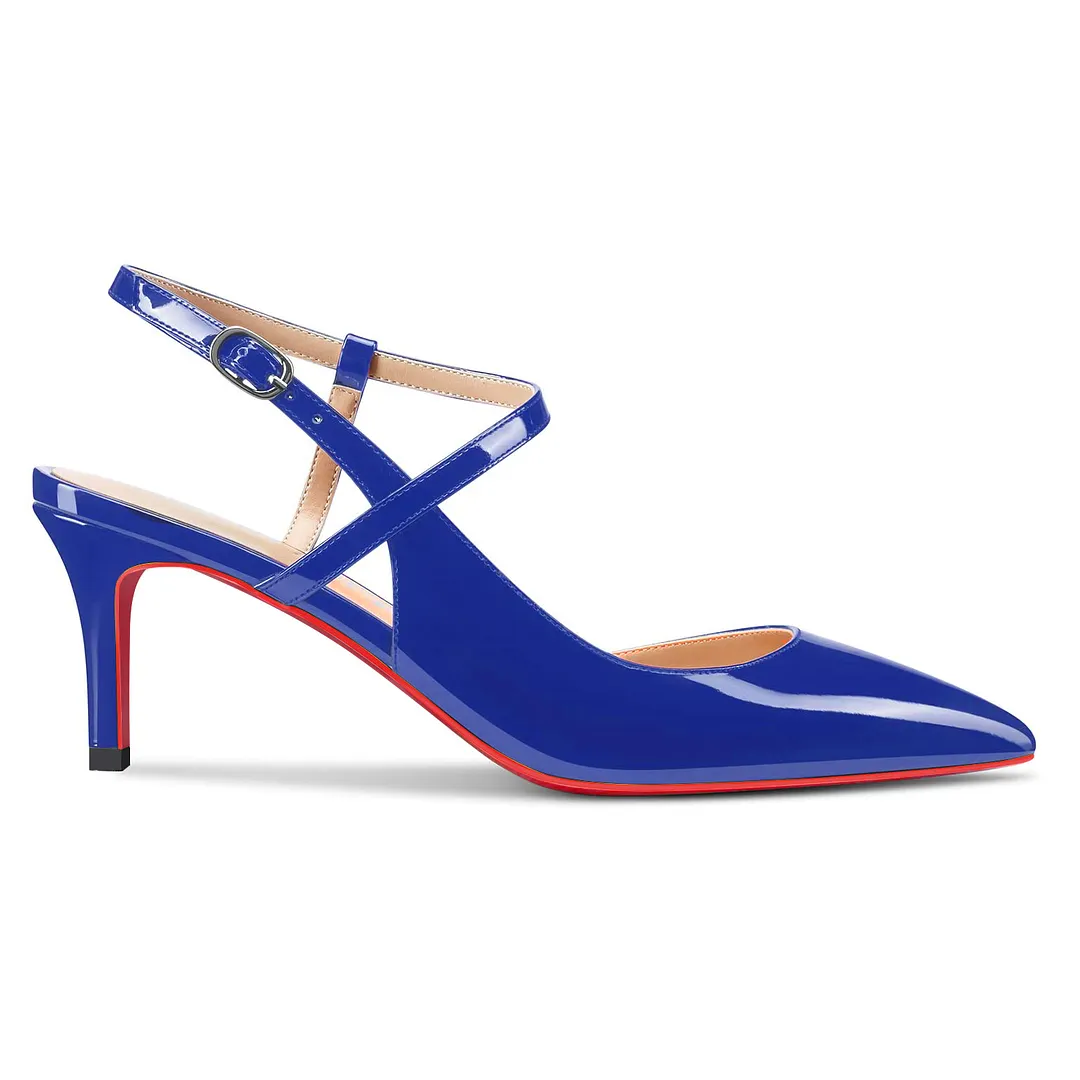 65mm Women Slingback Pumps Ankle Strap Jenlove Stiletto Mid Heel Close Pointed Toe Dress Red Bottoms Shoes-vocosishoes