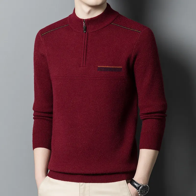 Men's zipper turtleneck long sleeve cable sweater
