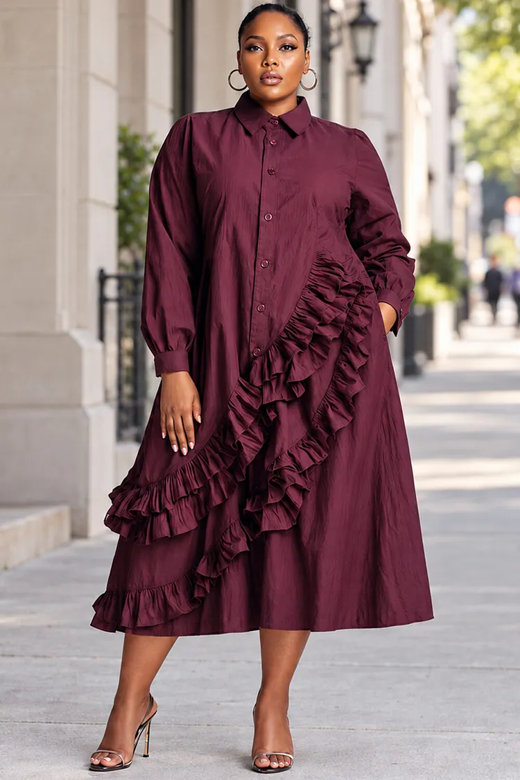 Xpluswear Design Plus Size Business Casual Burgundy Shirt Collar Long Sleeve Ruffle Pocket Midi Dresses [Pre-Order] 2024 - Xpluswear