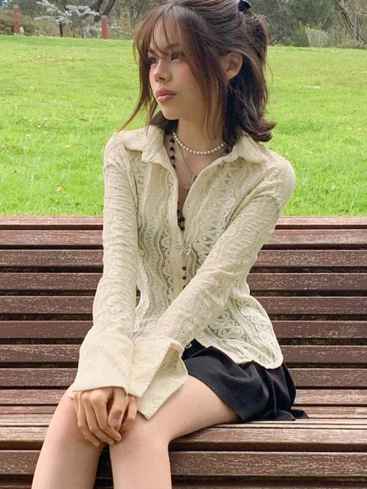 Rapcopter y2k Lace Crop Top See Through Button T Shirt Cute Full Sleeve Turn Down Collar Elegant Tee Women Retro Korean Chic Top