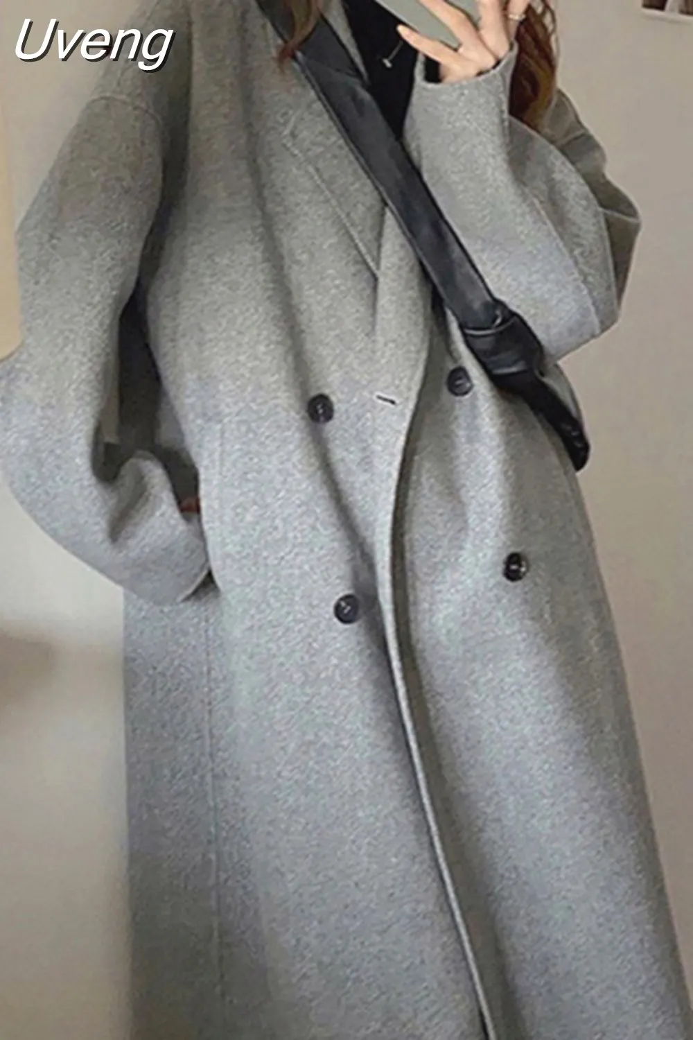 Uveng Woolen Coat Women Korean Fashion Lapel Jackets Female Vintage Double Breasted Overcoat Ladies Autumn Winter Loose Outerwear