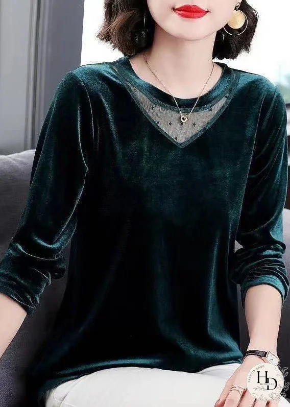 Vogue Green Tulle Patchwork Silk Velour Shirt Tops Long Sleeve