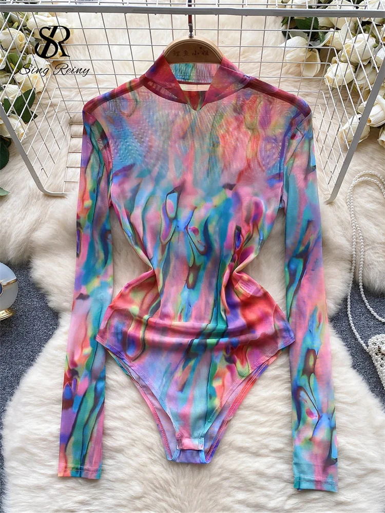 Huibahe American Retro Tie Dye Print Playsuits Stand Collar Long Sleeves Slim Artistic Top Open Crotch Mesh Sexy Bodysuits