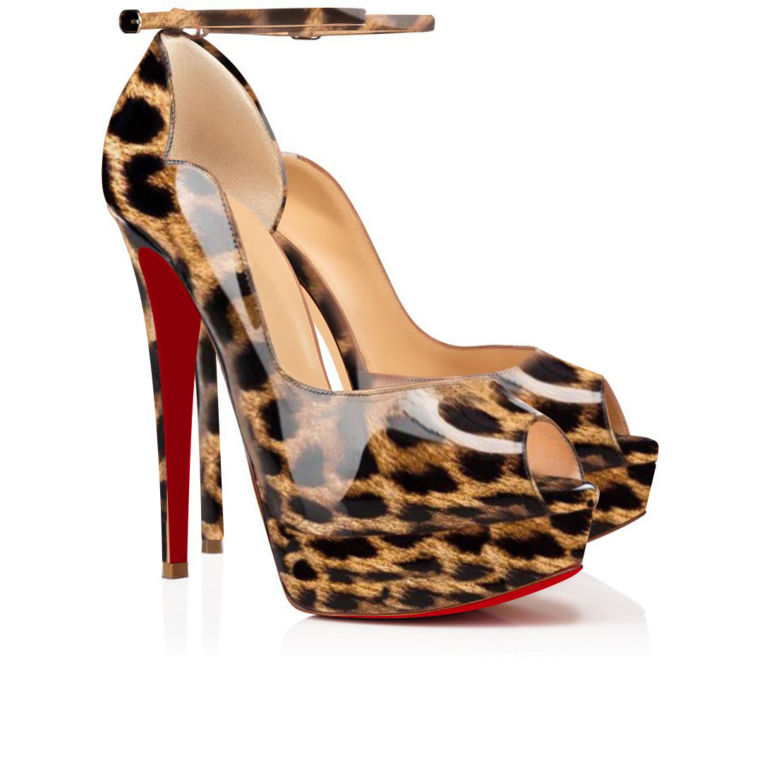 150mm  Red Bottom Sky High Platform Ankle strap Pumps Leopard Patent-MERUMOTE