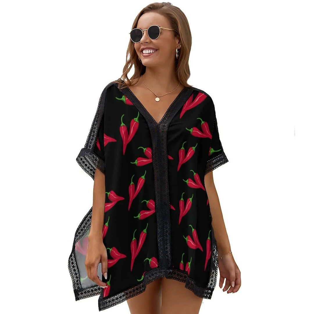 Spicy Red Chili Peppers At Black Hot Women Oversized Dresses Loose Chiffon Beach Bathing Suit Swim Bikini Swimsuit Cover Up