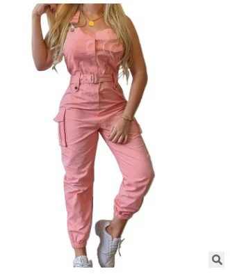 Uveng Uveng Women's Work-Packed Pocket Design Jumpsuit Sleeveless Backs And Trousers Simple Restraints Trousers + Belts