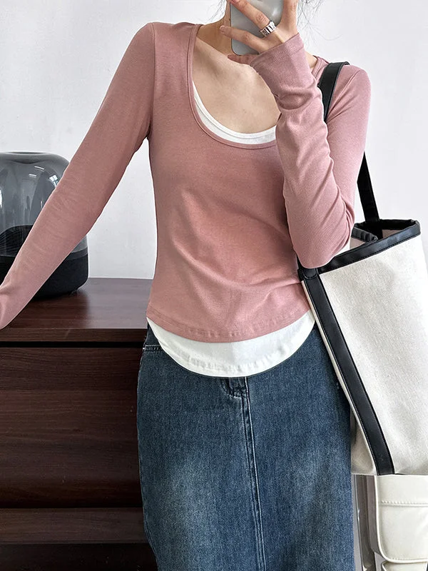 Contrast Color False Two Long Sleeves Round-Neck T-Shirts Tops