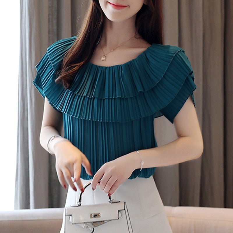 New Korean Wrinkled Ruffle Women Tops Fashion Short Sleeve Blue Blouse Female 2022 Summer New Slash Neck Chiffon Blouse 4636