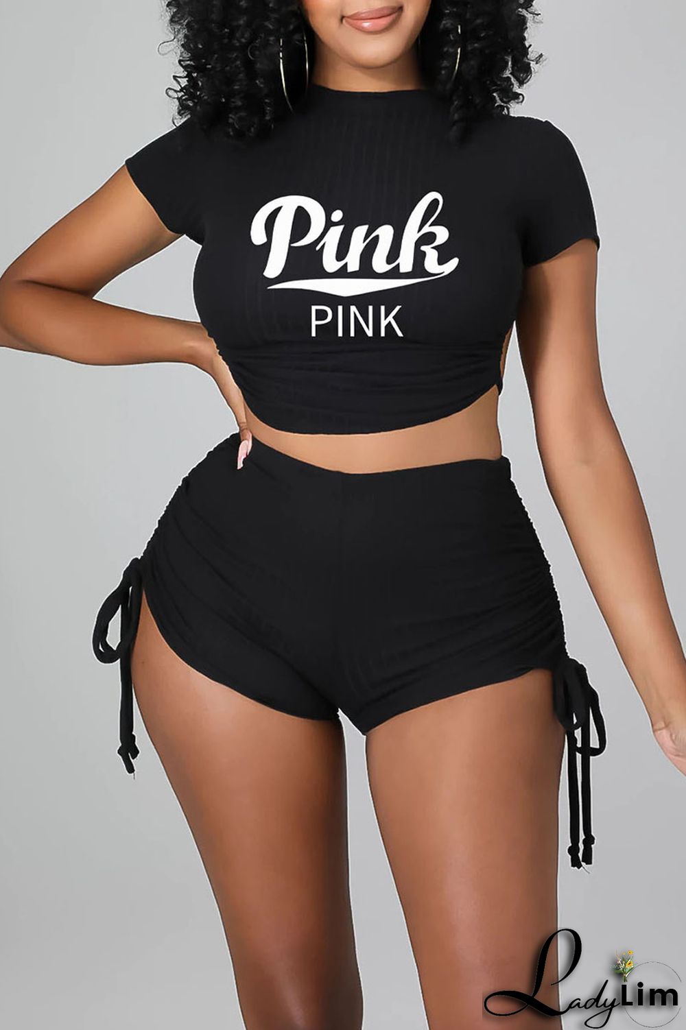 Black Sexy Print Bandage Patchwork Draw String Backless Fold O Neck Short Sleeve Two Pieces