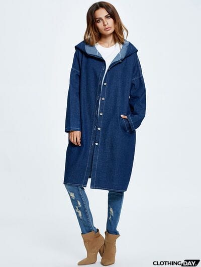 Button Up Dropped Shoulder Hooded Denim Top