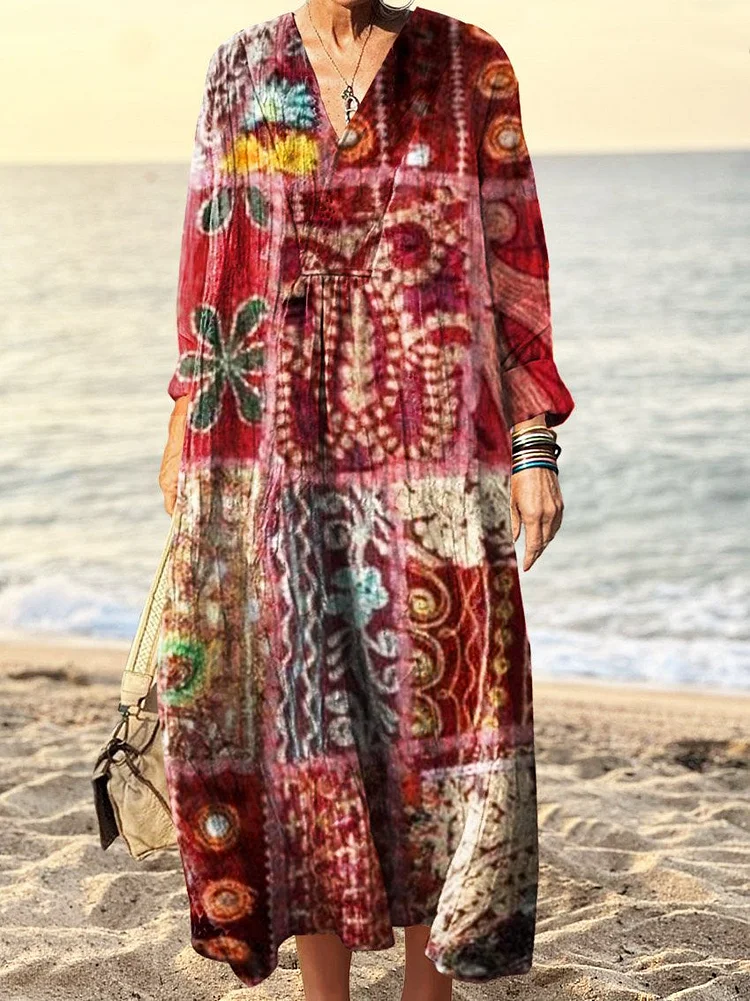 Women's Floral Patchwork Printed Dress Printed V Neck Long Sleeve Dress
