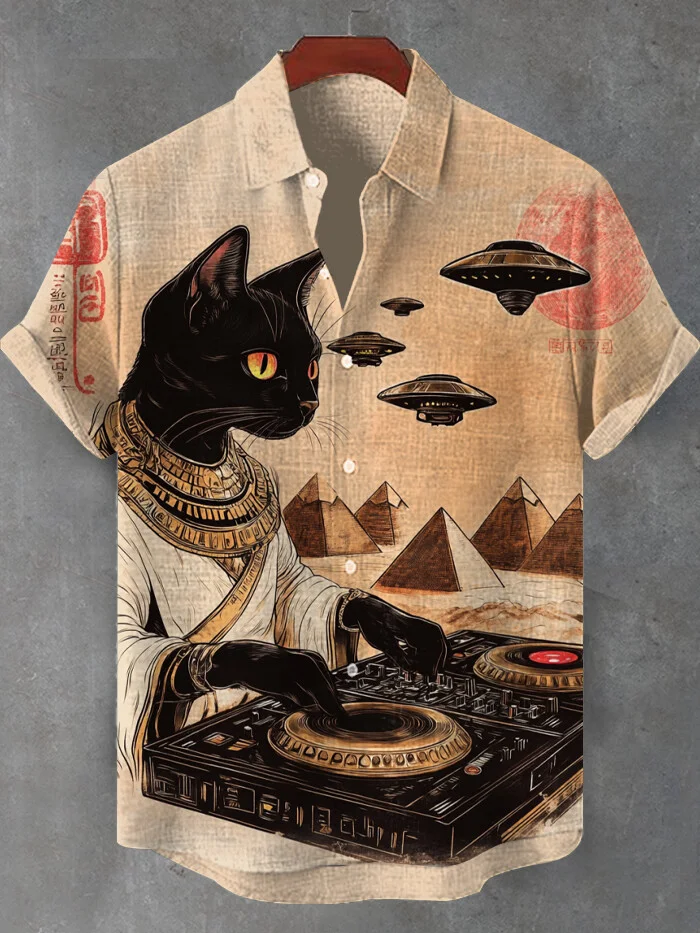 Men's Egyptian Cat DJ UFO Art Print Short Sleeve Shirt