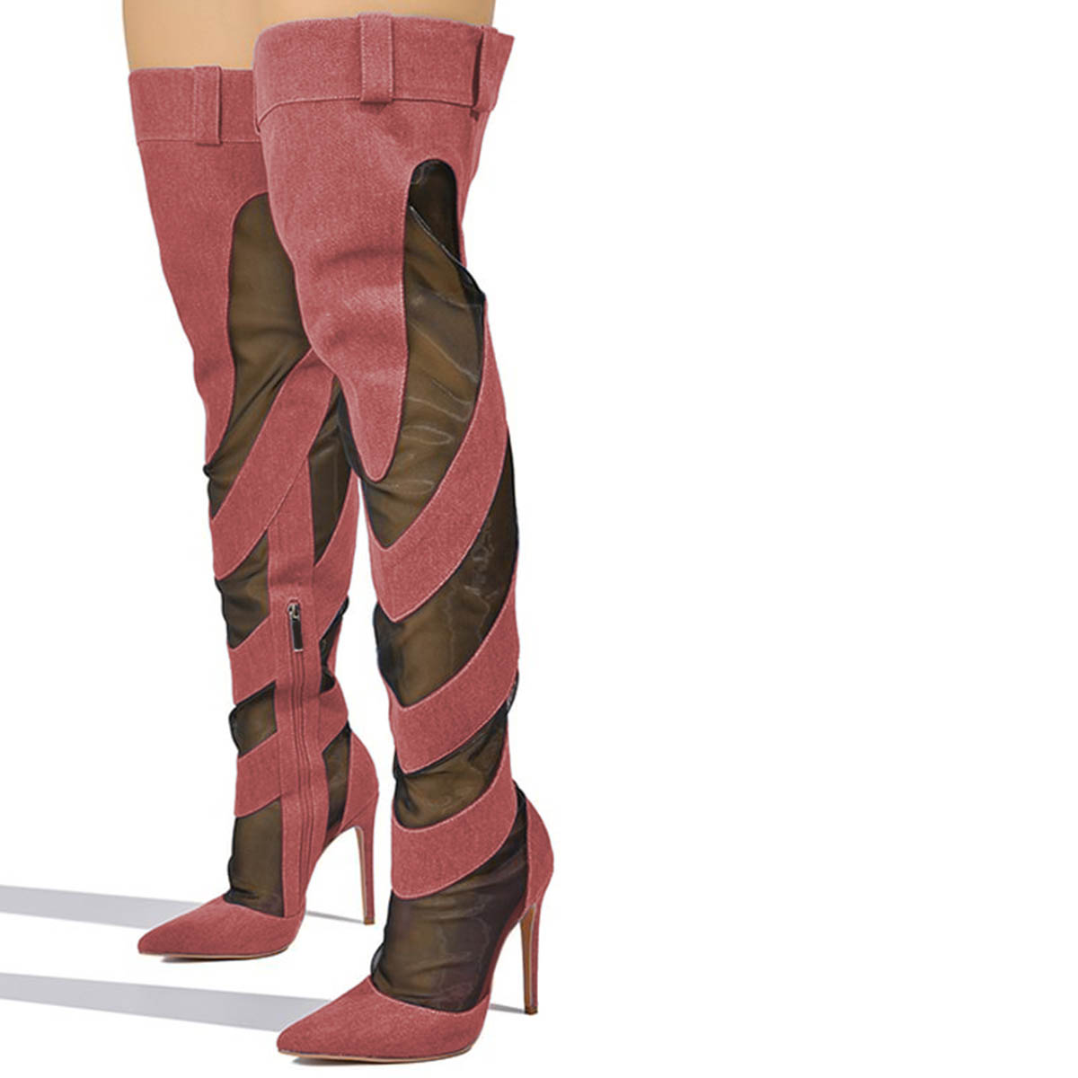 Pink Stiletto Heel Patchwork Pattern Thigh High Pointed Toe Boots Nicepairs