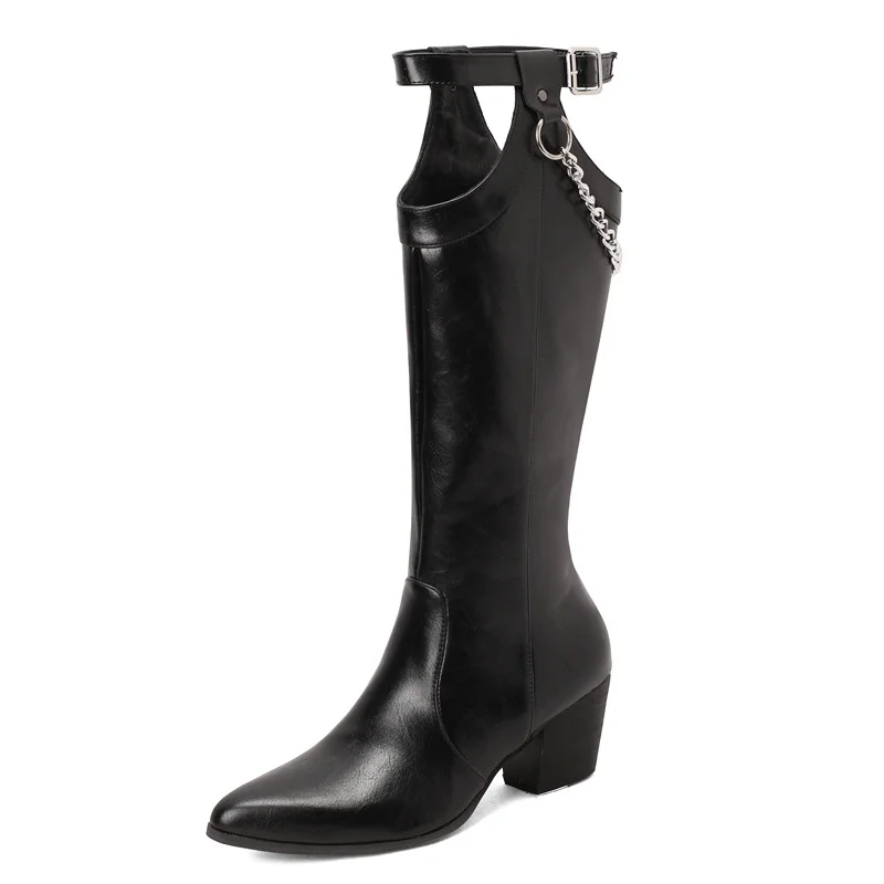 Women's New Pointed Toe Thick Heel Metal Chain Knee High PU Boots Novameme