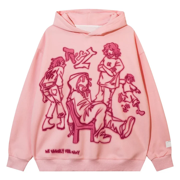 Pink Cartoon Line Character Print Pullover Hoodie