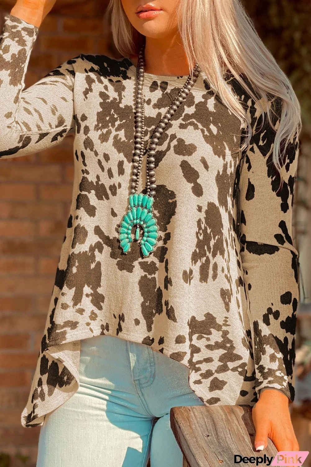 Cow Print Irregular Hem Long Sleeve Top