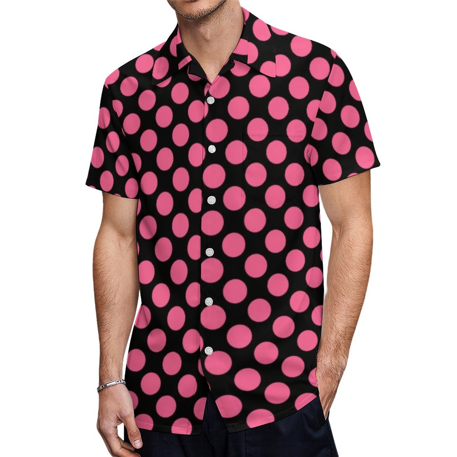 Hot Pink Big Polka Dots Pattern On Black Hawaiian Shirt Mens Button Down Plus Size Tropical Hawaii Beach Shirts