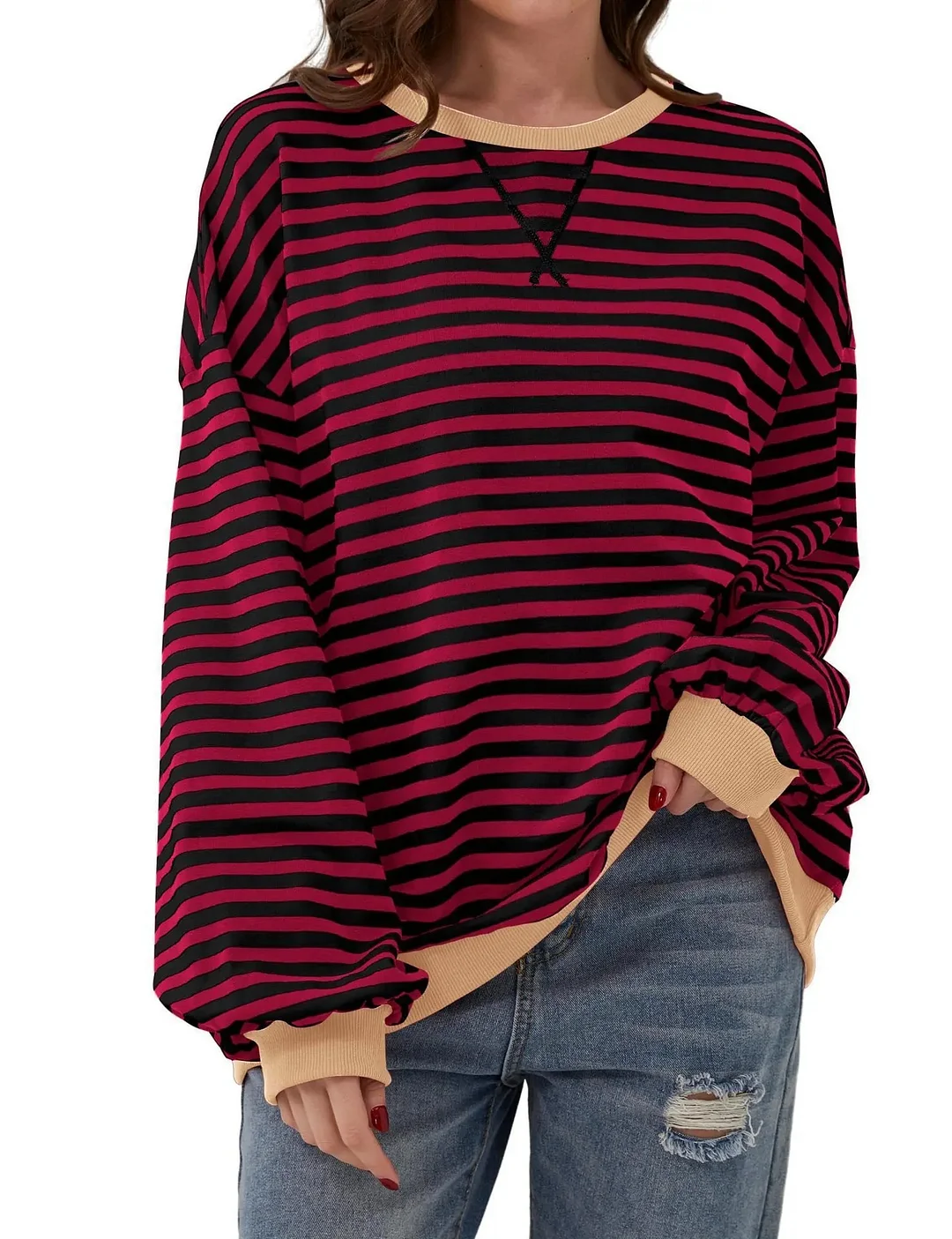Women's Casual Stripe Colorblock Pattern Round Neck Long Sleeve Pullover T-Shirt 