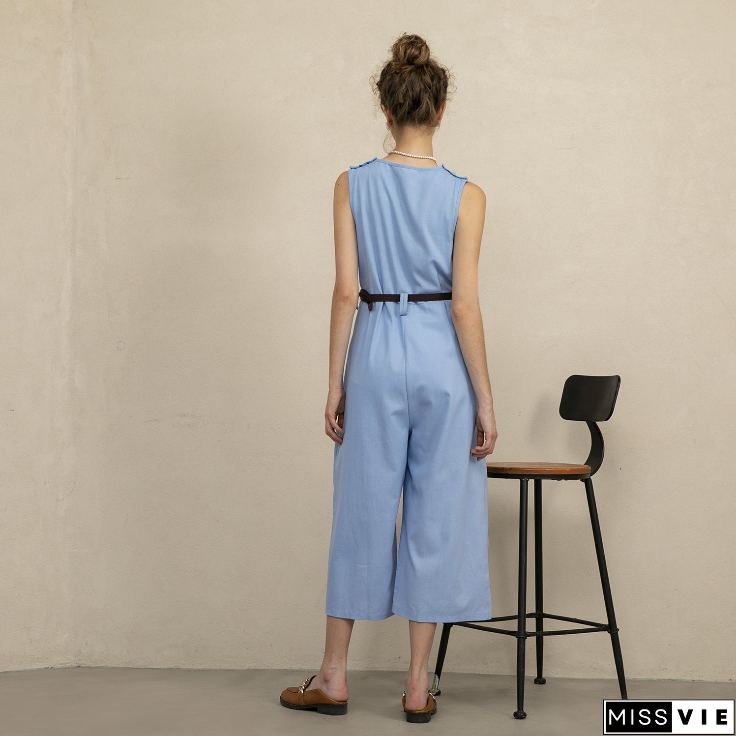 Women's Sleeveless V-Neck Cotton Linen Jumpsuit
