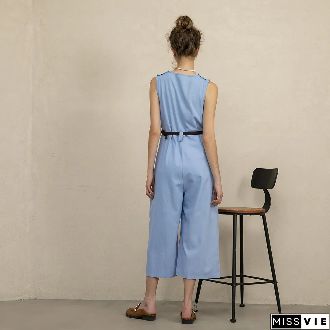 Women's Sleeveless V-Neck Cotton Linen Jumpsuit