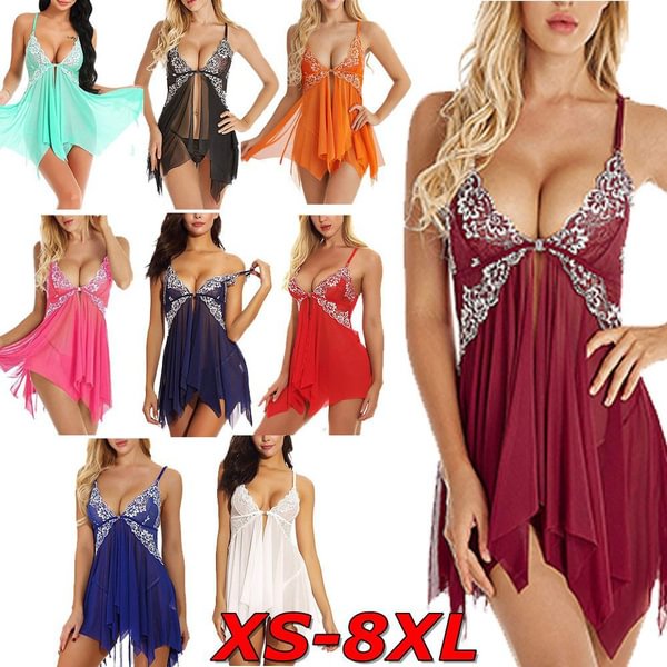 Plus Size Fashion Casual Sexy Women's Solid Color V-neck Sleeveless Lace Translucent Mesh Sling Nightdress Set - BlackFridayBuys