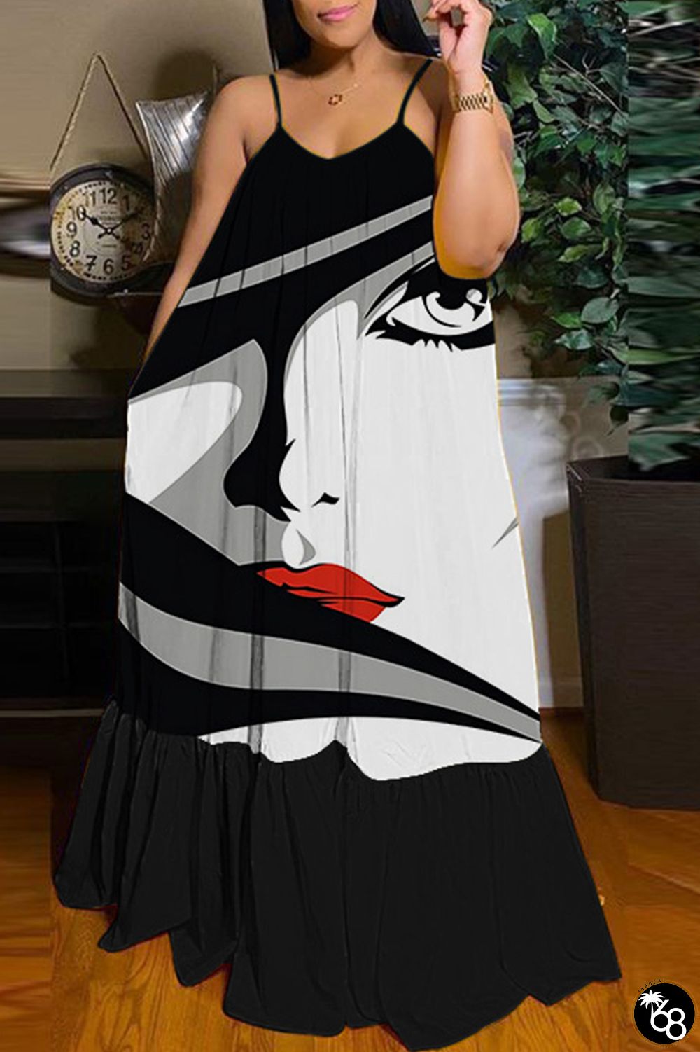 Black Sexy Casual Print Backless Spaghetti Strap Long Dress Dresses | 168DEAL