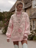 Women's Pink Rose Embroidered Knitted Jacquard Turtleneck Sweater