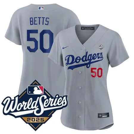 Women's Los Angeles Dodgers #50 Mookie Betts  Gray 2025 World Series Home Limited Jersey