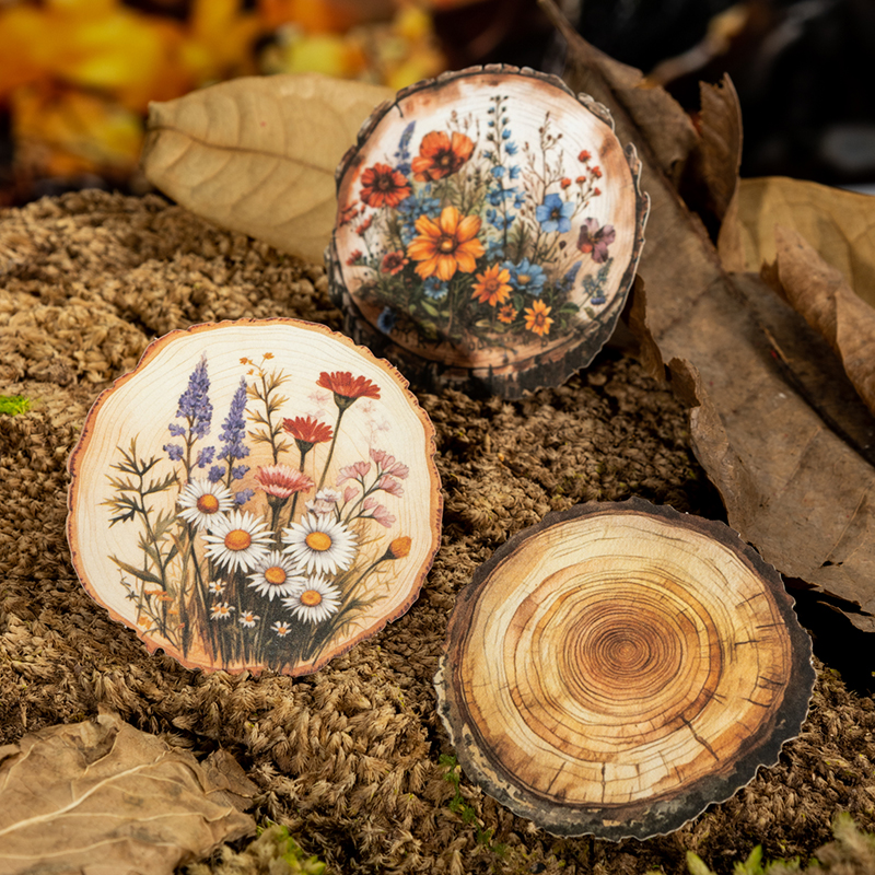 스티커 - 나무결 시계 시리즈 빈티지 꽃 나무 그루터기 연간 원형