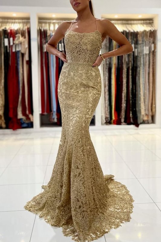 Luluslly Gold Appliques Lace Mermaid Evening Dress Long Spaghetti-Straps