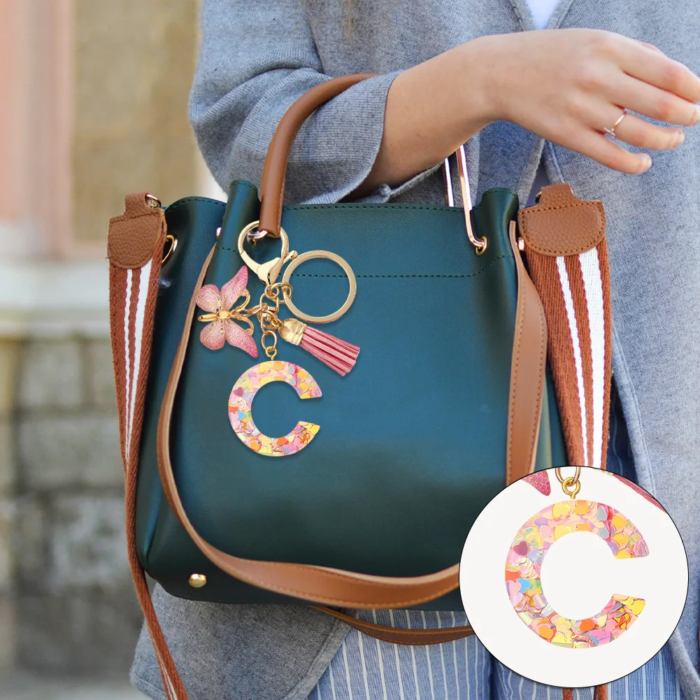 Resin Initial Letter Keychains Alphabet Letter Keychain Pink Tassel Butterfly Key Ring