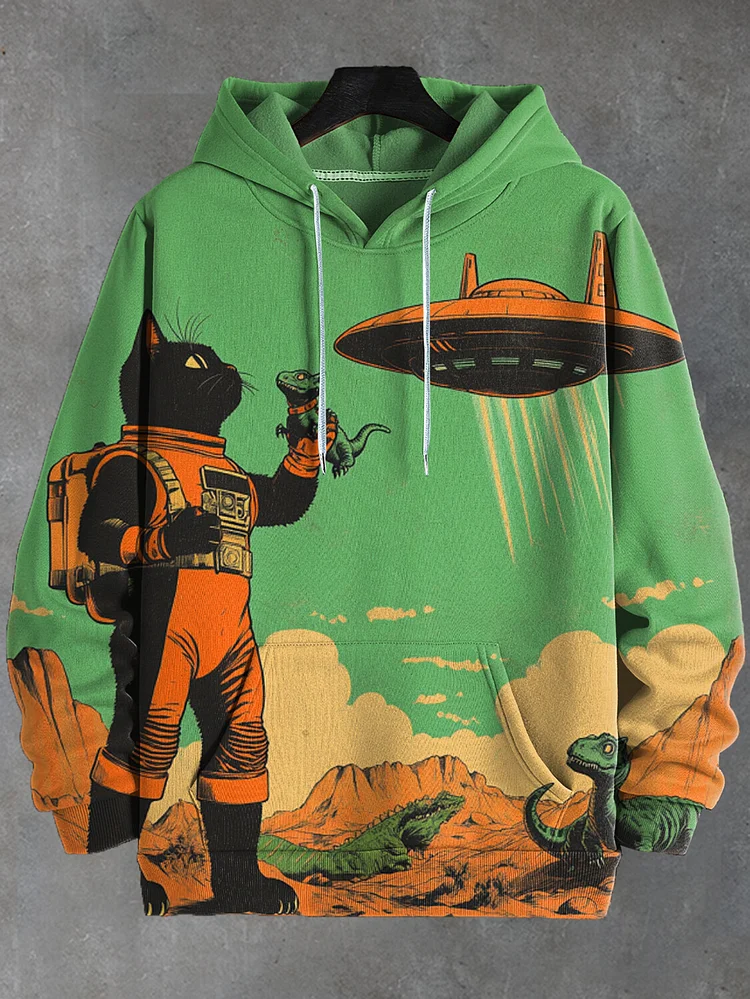 Men's Retro Black Cat Astronaut Dinosaurs UFO Print Casual Hoodie