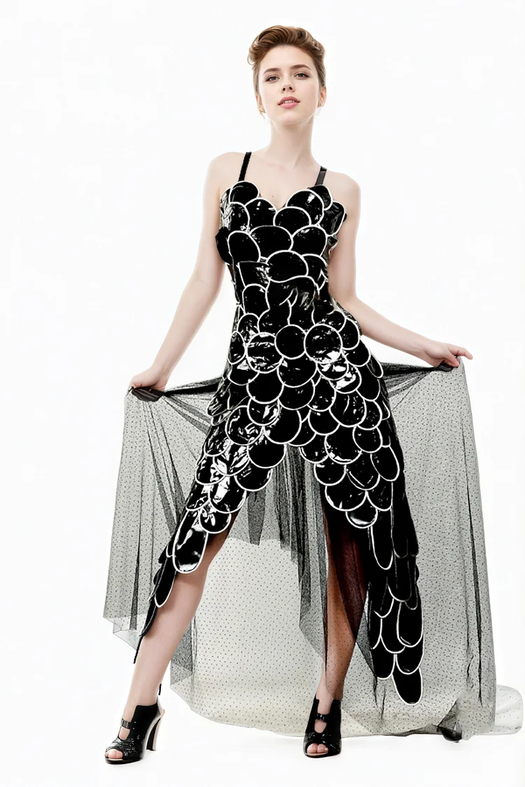 Women Latex Dress Limbonic Limbo Sexy Shiny Black & White Dress with Petal Layers