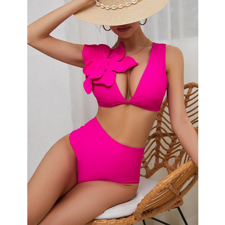 3D Flower Hot Pink High Waist Bikini Swimsuit Vioye