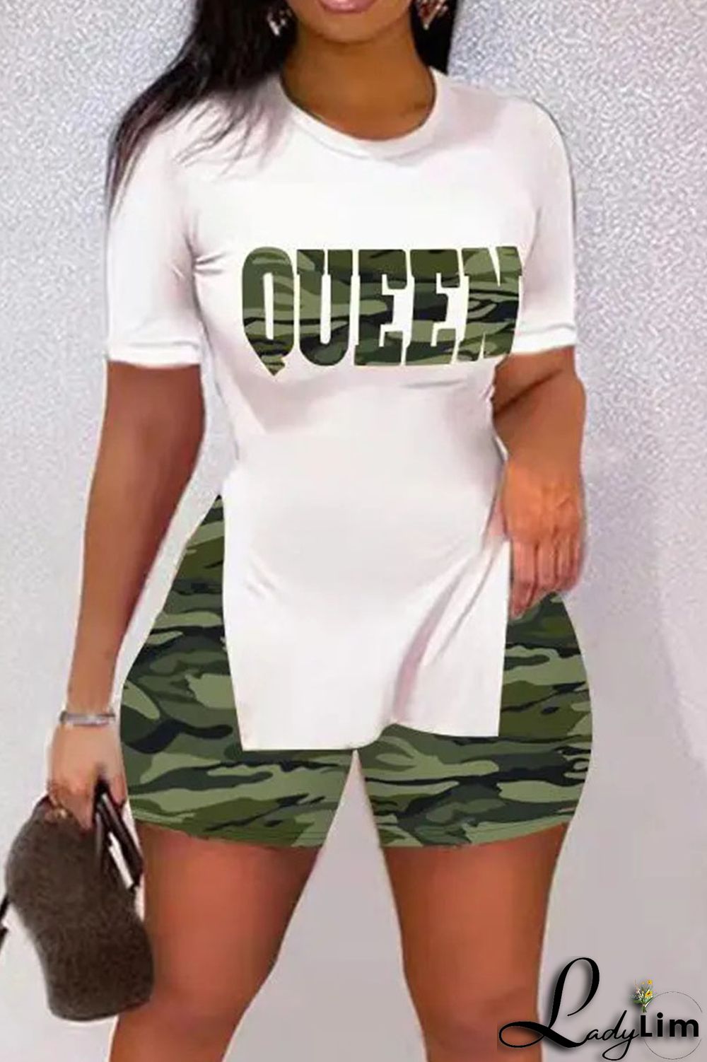 Black Casual Print Split Joint Slit O Neck Short Sleeve Two Pieces