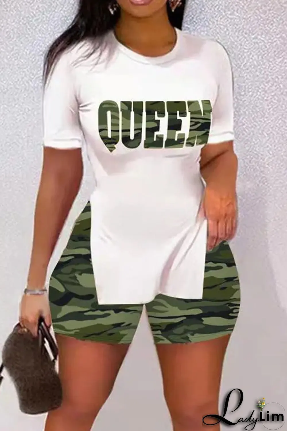Black Casual Print Split Joint Slit O Neck Short Sleeve Two Pieces