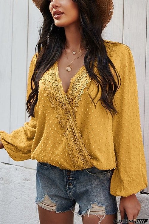 Dot Lace Trim Wrap Long Puff Sleeve Blouse