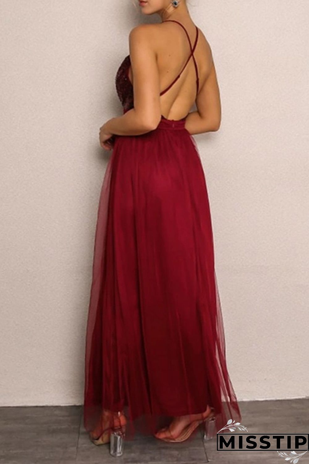 Burgundy Sexy Patchwork Sequins Backless Spaghetti Strap Long Dress