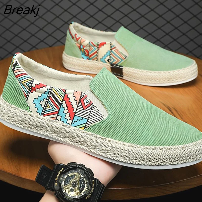 Breakj New Men's Summer Casual Sneakers Linen Breathable Casual Flats Shoes Fisherman Driving Footwear Fashion Boy Canvas Shoes