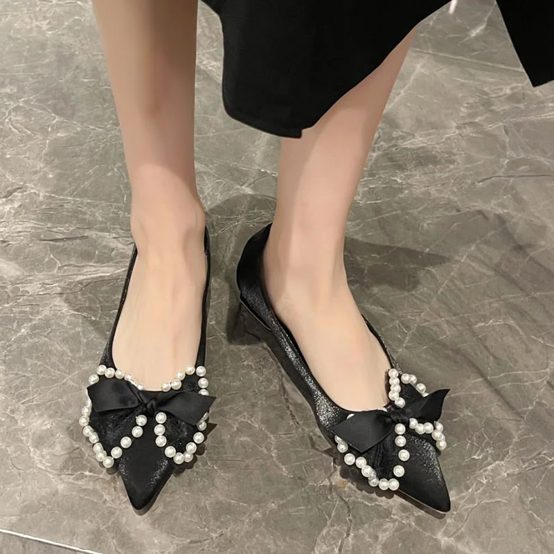 2022 Spring New Women Pearl Wedding Shoes Low Heels Lace Bow-Knot Pumps Woman Comfortable Pointed Toe Single Shoes Ladies