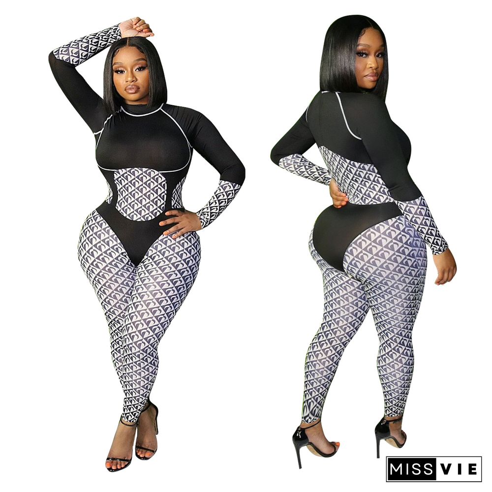 Patchwork Print O Neck Long Sleeve Bodycon Jumpsuit