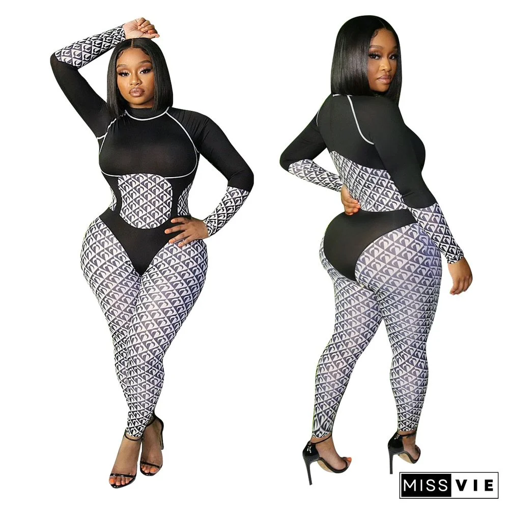 Patchwork Print O Neck Long Sleeve Bodycon Jumpsuit