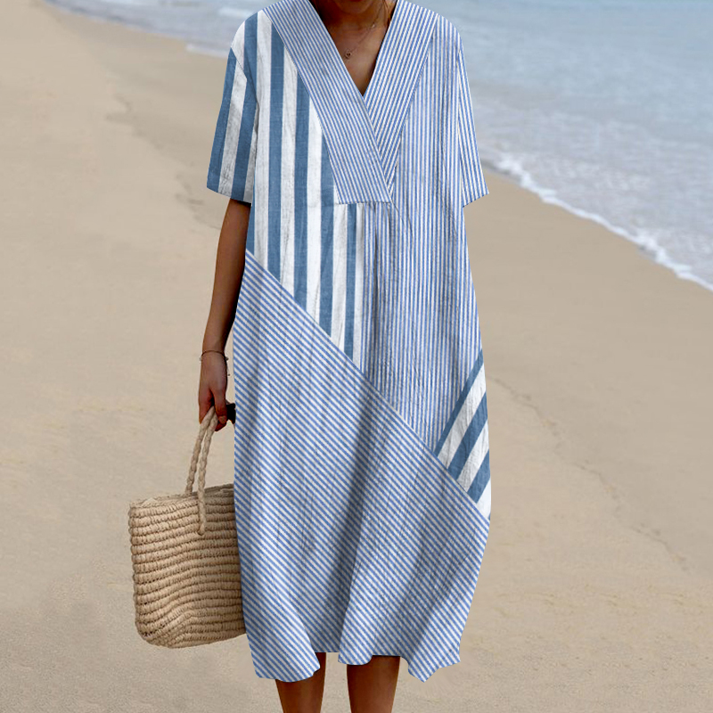 Women Vintage Irregular Stripes Casual V Neck Midi Dress wearshes