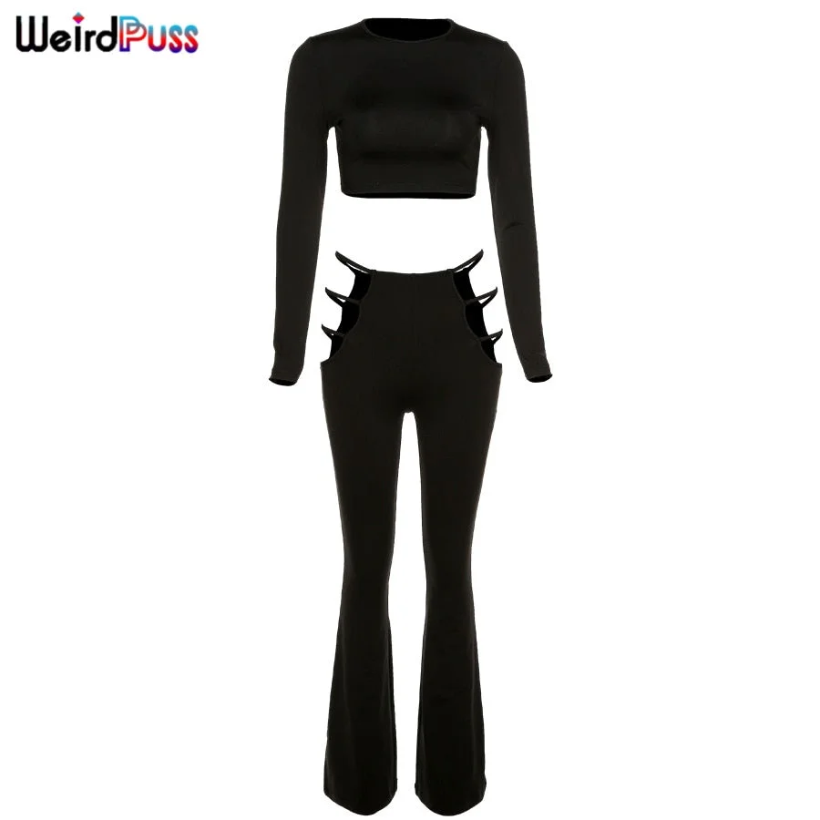 Weird Puss Two Piece Set Women Solid Skinny Stretchy Crop Top+Slit Hollow High Waist Pants Matching Chic Streetwear Slim Outfits