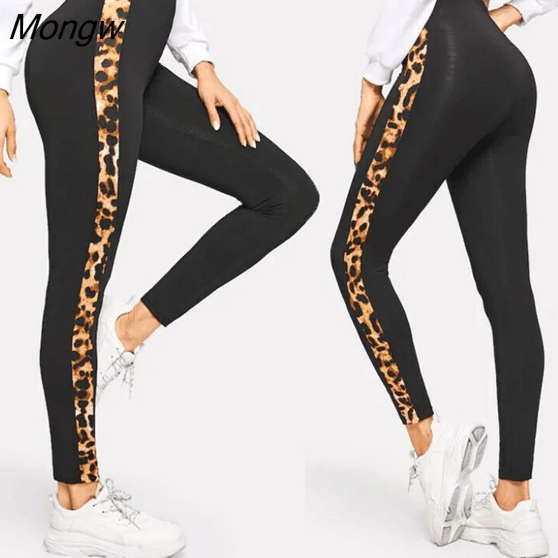 Mongw High Waist Fitness Sport Pants Leggings Women Leopard Patchwork Stretch Workout Running Trousers Gym Slim Pants