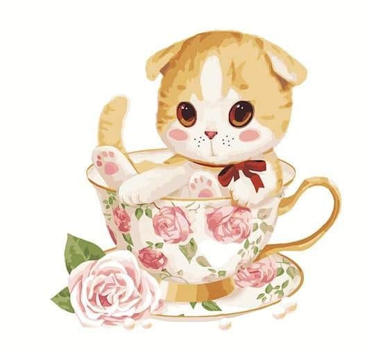 

Cat with Cup of Roses – Paint By Numbers - 40*50CM, 501 Original