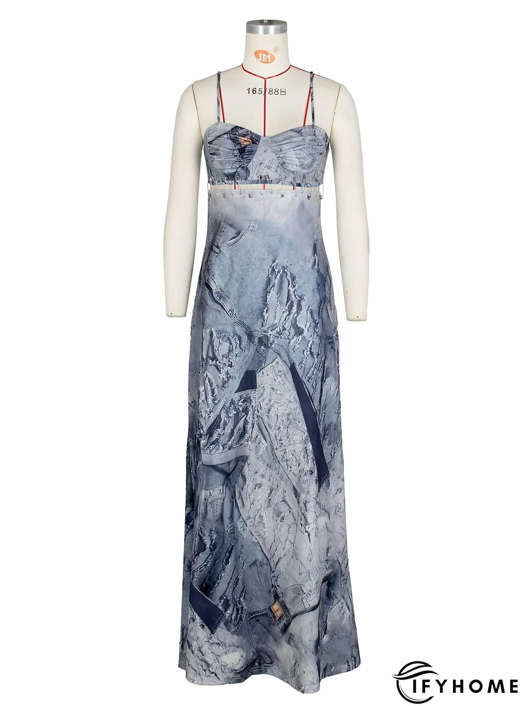 Sexy Ladies Denim Print Pin Embellished Backless Slip Maxi Dress | IFYHOME